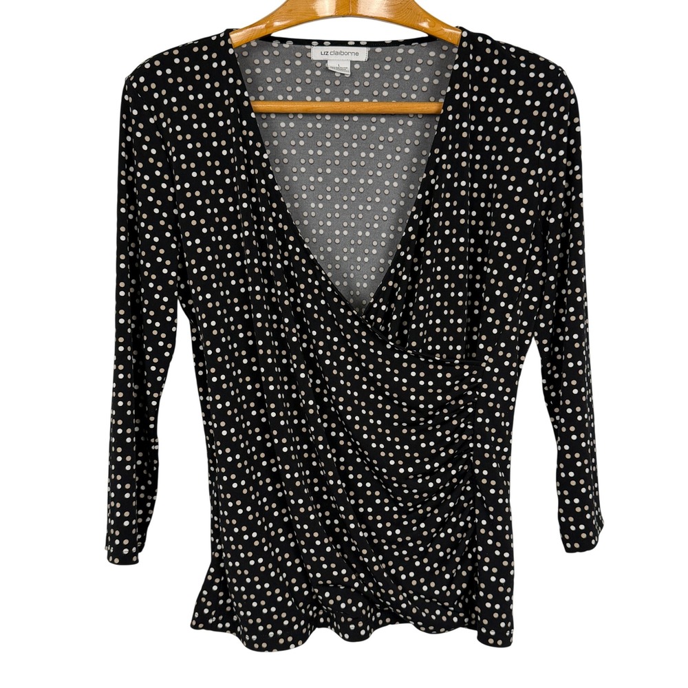Liz Claiborne Polka Dot Ruched Surplice Top Size L Black White Tan 3/4 Sleeve